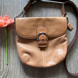 COACH Camel Leather Buckle Front Flap Crossbody